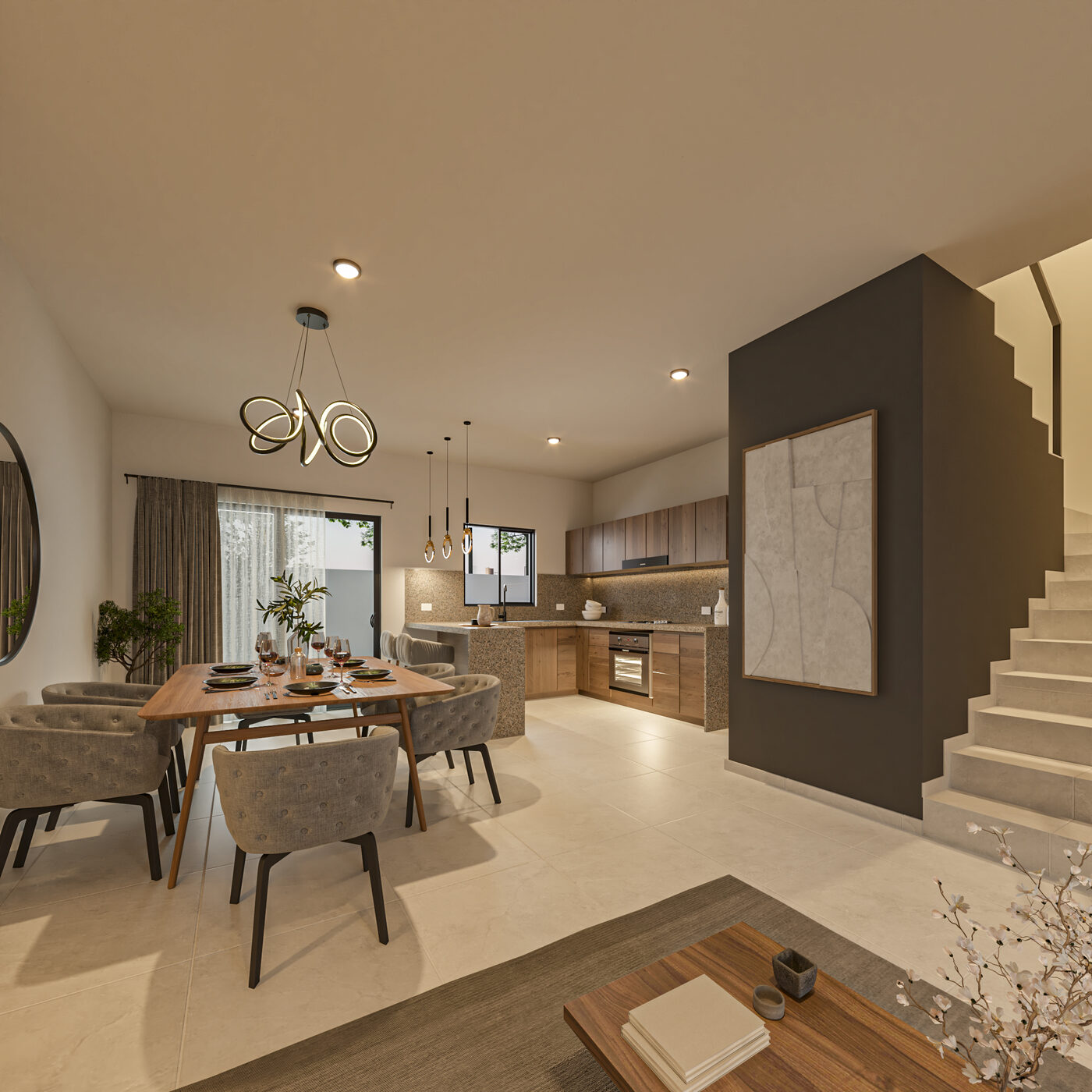 Comedor, cocina y escalera